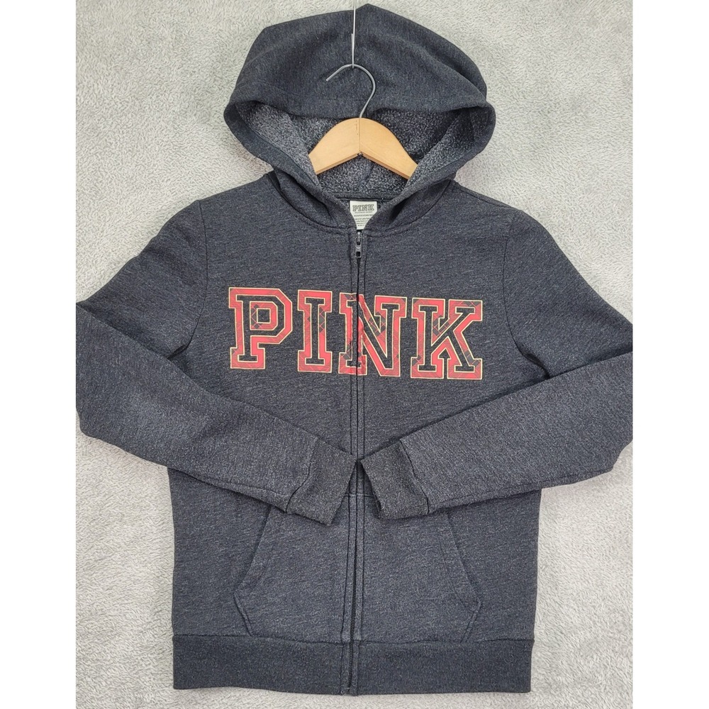 PINK Victoria's Secret Dark Gray Plaid Logo Full Zip Hoodie XS 398545-7B6
